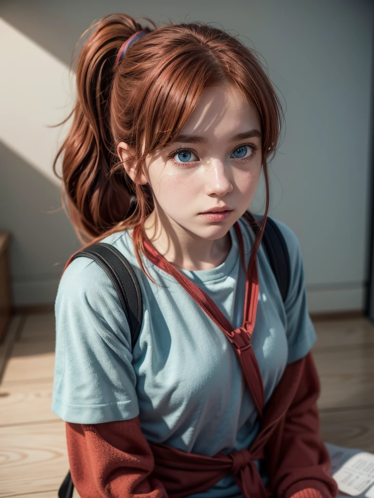 Madeline, the protagonist of "Celeste", has a distinctly simple and charismatic appearance. Her red hair is tied in a messy ponytail, with a few loose strands that add a touch of vivacity to her look. She often wears a vibrant red coat over a light blue t-shirt, combining comfort with an effortless aesthetic. Her blue eyes express determination and curiosity, reflecting her journey of self-discovery and personal overcoming as she faces the challenges of Celeste Mountain. Madeline carries a small backpack, symbolizing her preparation for the physical and emotional obstacles she faces throughout the game.
