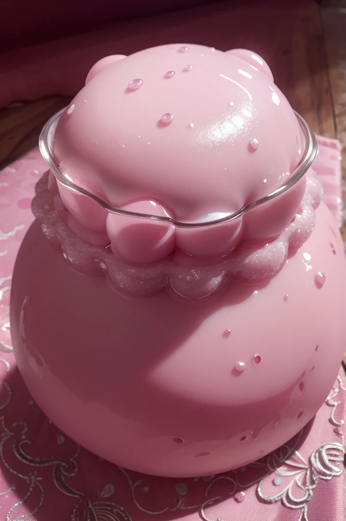 pink jelly bear,6k,UHD,HDR,professional lighting, 64k wallpaper, vivid colors, User information, photo of musse jelly in pink tones with fruit decoration and a pink bear with a cherry on top, beautiful, realist, super detailed,food photography,high quality, Masterpiece, intricate, HDR bear shape