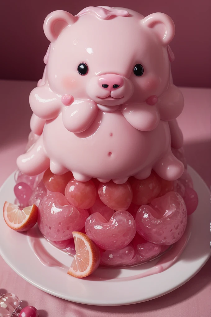 pink jelly bear,6k,UHD,HDR,professional lighting, 64k wallpaper, vivid colors, User information, photo of musse jelly in pink tones with fruit decoration and a pink bear with a cherry on top, beautiful, realist, super detailed,food photography,high quality, Masterpiece, intricate, HDR bear shape