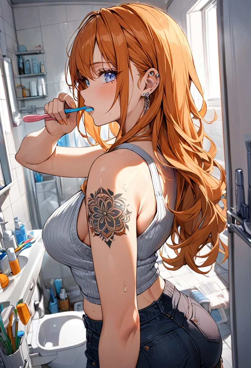 20 year old female, long orange hair, messy hair, perfect eyes, perfect silver irises, perfect pupils, thick thighs, thin ribbed tanktop, shorts, comfy clothes, many ear piercings, brushing teeth, looking back over shoulder, messy bathroom, small bathroom, highly detailed, best detail, best hands, right forearm tattoo, perfect tattoo, regular toothbrush, normal toothbrush, perfect hands