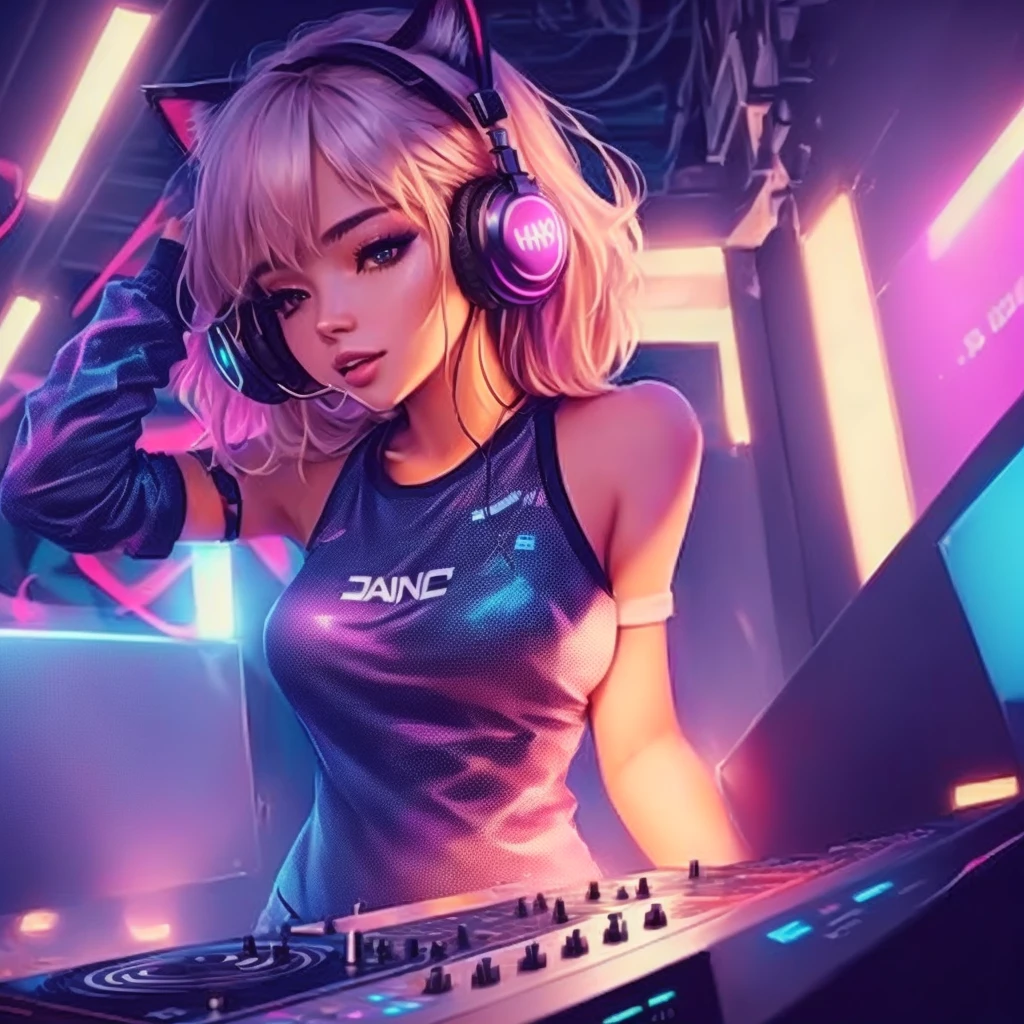 a woman in headphones is playing a DJ set in front of a wall, DJ at a party, headphones DJ rave, DJ rave , DJ sura, Dance to the music, Playing techno house music, DJ set, Girl wearing headphones, DJ, Electronic Music, Synthwave background, DJing with DJ turntables, Girl with cat ears at a rave, Background artwork