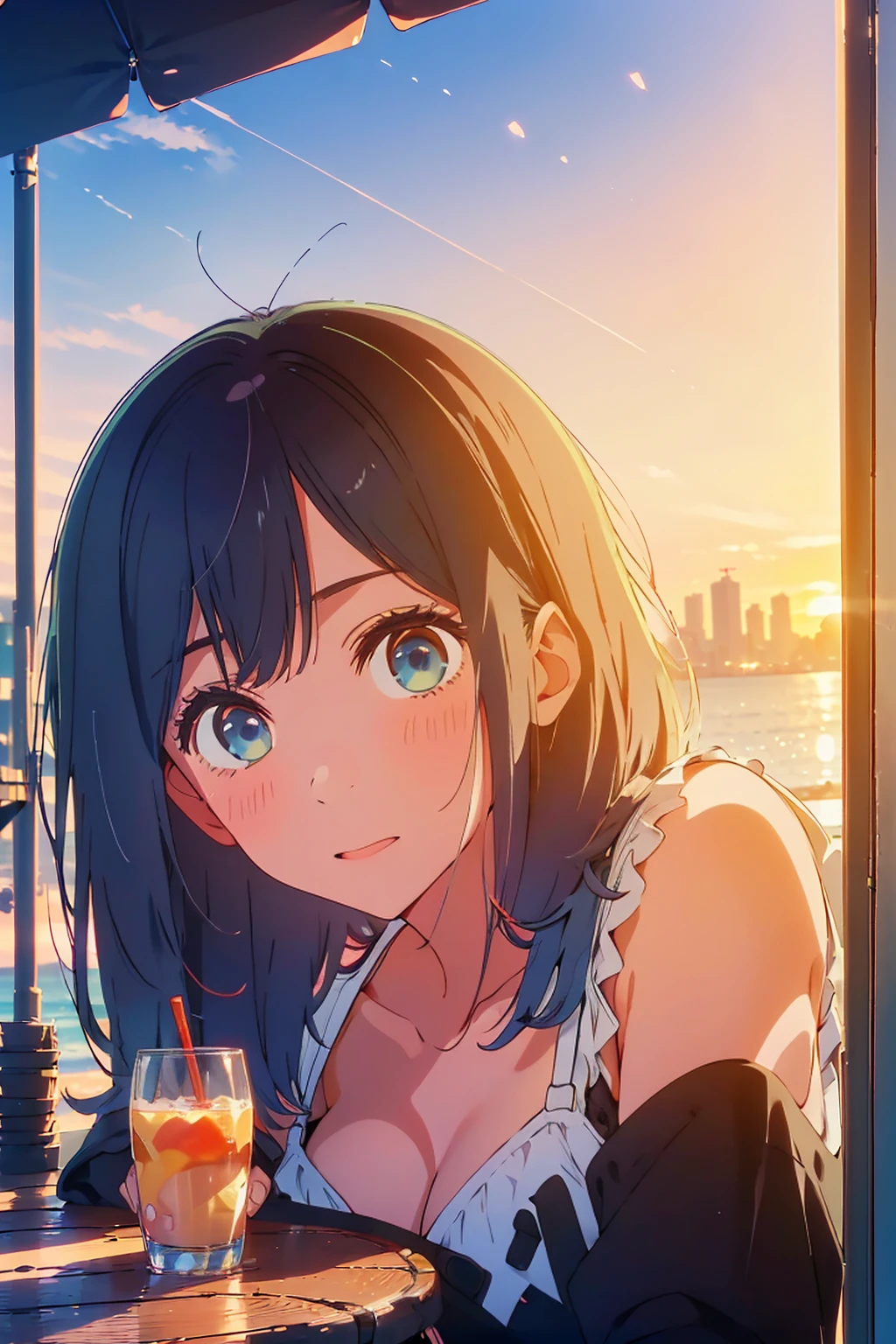 (Highest quality:1.4、masterpiece:1.4、Super detailed:1.4、8K:1.4)、F cup bust、Big Breasts、Slim body、((((1 person、sit、In the background are the urban buildings of Tokyo、looking at the camera、Outdoor café terrace、coastal、Navy hair color、Shooting from an angle、juice、table、Sunset Beach、sunset、Very cute face))))、(((bikini)))、Big eyes、((((Shallow depth of field))))、Holding a glass
