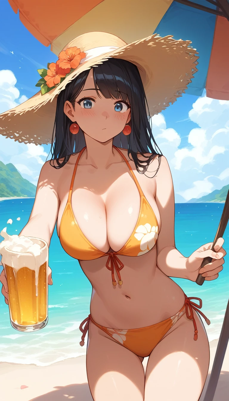 (score_9,score_8_up,score_7_up,score_6_up),masterpiece,best quality, source anime, rating_explicit, (((masterpiece))), (((best quality))), ((ultra-detailed)), ((illustration)), (1girl), (beautiful Japanese woman), (long black hair), (blue eyes), beautiful beach background, (wearing traditional bikini), (detailed face), (perfect anatomy), (detailed lighting front), (serene expression), (minimalist style),(cleavage:1.1), golden hour, (high contrast), blush, confused, vivid color , gold neckless, (drinking beer)