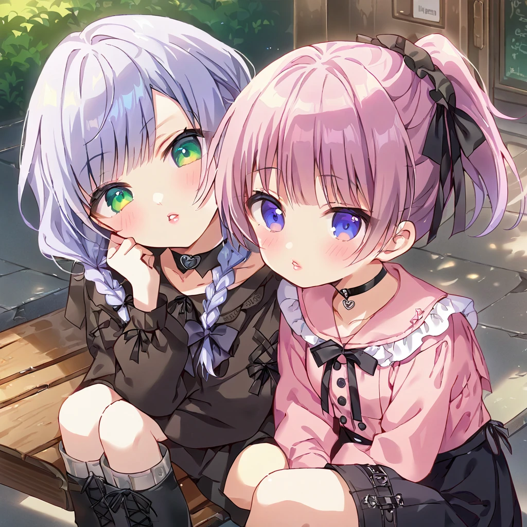a masterpiece, beautiful eyes, a beautiful face, beautiful depiction, details, ultra detailed, 8K,kawaii, mesugaki, fangs,
light atmosphere, (Cute 2girls:1.5), (2girls with closs hair pin,
pink shirt,cosplay, jirai kei, bangs, black skirt, black bow, looking at viewer, bow, long sleeves, choker, ribbon,pink lips,Thick-soled boots,portrait shot :1.4),boots focus,
(masterpiece:1.3), anime visual, (Lovey-dovey:1.5), (tilt head:1.3), extremely delicate face, soft clean focus, realistic lighting and shading, (an extremely delicate and beautiful art:1.3),
Two college-aged women are sitting on a bench drinking tea from a plastic bottle. Their legs are slightly open, exposing their underwear. One girl has lavender-colored twin braids hair and green eyes, the other girl has silver-colored ponytail hair and blue eyes,