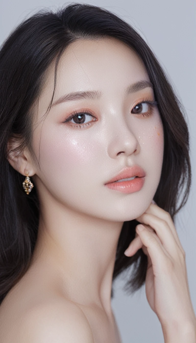 medium wide close-up, potrait, wide shoot, profile photo, front photo, 1girl, woman, (Photorealsitic)、(intricate detailes:1.2)、(masterpiece、:1.3)、beauty face, (top-quality:1.4)、(超A high resolution:1.2)、超A high resolution、(A detailed eye)、(detailed facial features), ((Realistic lighting、top-quality、8K、natural light, masterpiece:1.3))、bright photo, Clear focus:1.2、1girl in、flawless beauty:1.4、Superfine Face、Narrow-eyed、double eyelid、photos realistic, perfect eyes, perfect skin, detailed skin, detailed face, looking viewer, front view, potrait, raw photo, simple soft pink background, (intricate detailed skin textured:1.4) front view, looking viewer, clear face, 1 girl、porate、Bright and very beautiful face、beautiful girl, A stunning close-up portrait showcasing the beauty of a Korean model. The composition features soft, natural lighting , bright eyes, and striking cheekbones. Her glossy, The background is simply white background, wear sweetshirt, neat hair, long hair, instagram model, profil picture, bright and natural