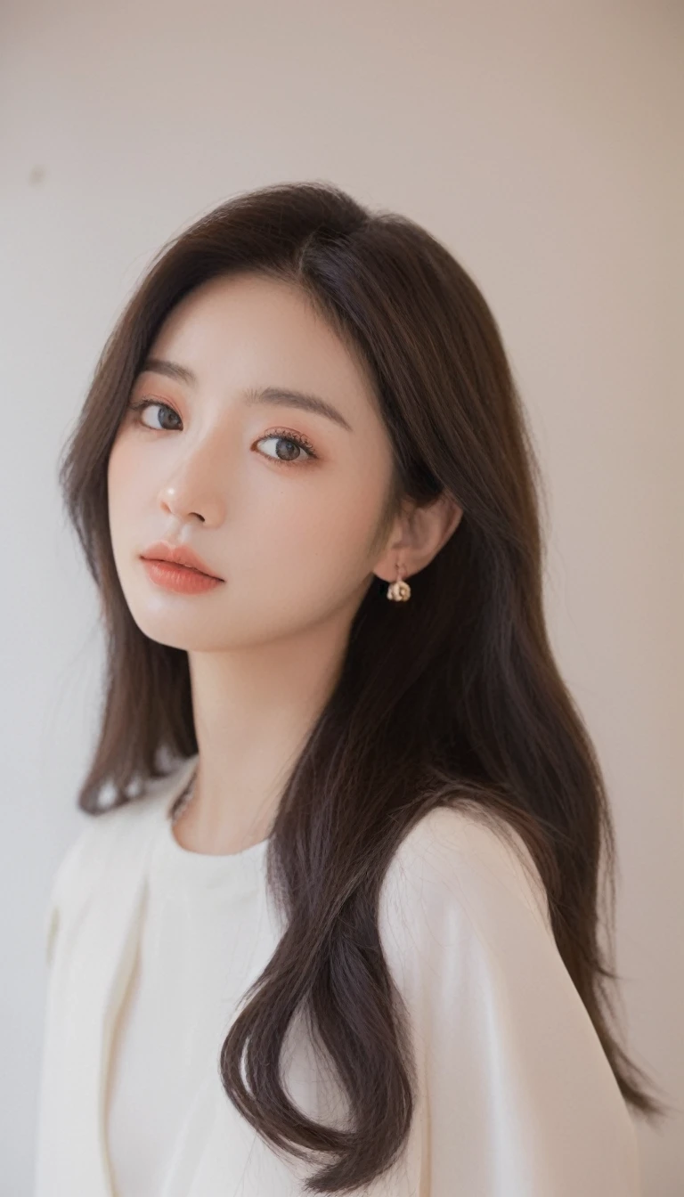 medium wide close-up, potrait, wide shoot, profile photo, front photo, 1girl, woman, (Photorealsitic)、(intricate detailes:1.2)、(masterpiece、:1.3)、beauty face, (top-quality:1.4)、(超A high resolution:1.2)、超A high resolution、(A detailed eye)、(detailed facial features), ((Realistic lighting、top-quality、8K、natural light, masterpiece:1.3))、bright photo, Clear focus:1.2、1girl in、flawless beauty:1.4、Superfine Face、Narrow-eyed、double eyelid、photos realistic, perfect eyes, perfect skin, detailed skin, detailed face, looking viewer, front view, potrait, raw photo, simple soft pink background, (intricate detailed skin textured:1.4) front view, looking viewer, clear face, 1 girl、porate、Bright and very beautiful face、beautiful girl, A stunning close-up portrait showcasing the beauty of a Korean model. The composition features soft, natural lighting , bright eyes, and striking cheekbones. Her glossy, The background is simply white background, wear sweetshirt, neat hair, long hair, instagram model, profil picture, bright and natural