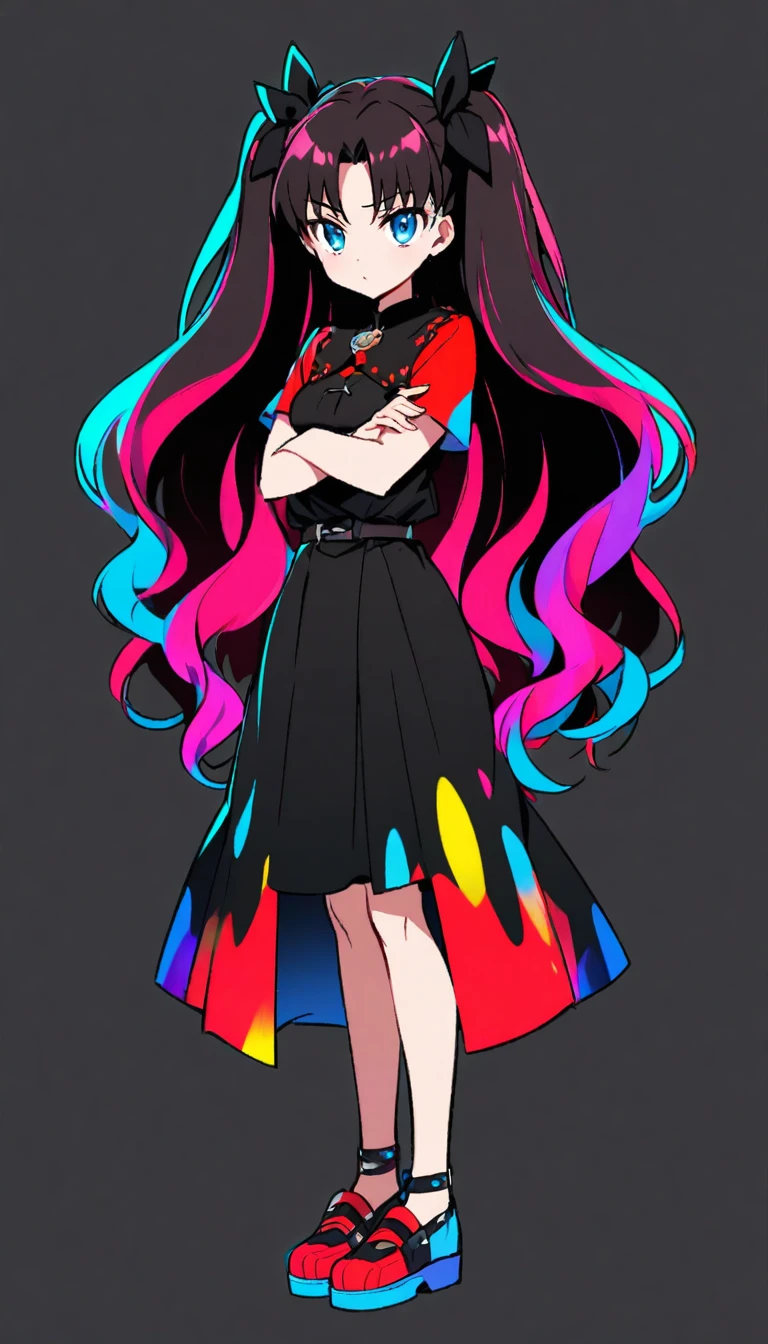 (arms crossed),  uninterested, colorful hair, (Tohsaka Rin), fullbody , full body