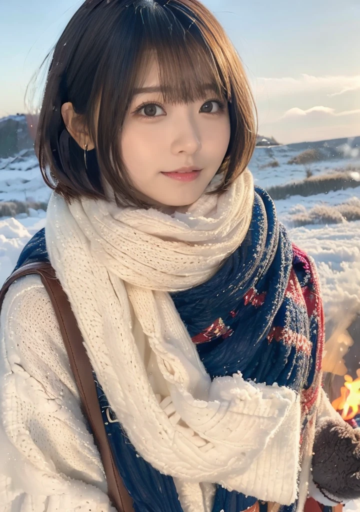 Being with a dog、Bonfire、Hair blowing in the wind、Medium Short Hair、Fluffy scarf、Expressing the whiteness of one&#39;s breath、Photo from the waist up、Night city illumination shot、Cowgirl Shot、Fur coat、豪華なグレーのミンクのFur coat、Wear fine leather boots、Luxury Bags、Inner turtleneck、Silver necklace and small silver earrings Millionaire style:1.4））、Full body photo、smile、 Caustics、Highly detailed photos、Very beautiful woman 、Ample breasts、No makeup、(8K、RAW Photos、Highest quality、masterpiece:1.2)、(Realistic、Realistic)、1 Girl、((Medium Short Hair、Midwinter、Cold region Snow falling、The wind is blowing、Fluttering Hair、Blur the background、Colorful illuminations、Looking into the camera:1.4))、
