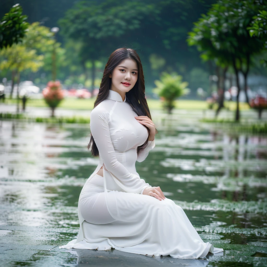 big breasts, round breasts, wearing bra inside ao dai, slim figure, beautiful figure, big breasts, long straight hair, ((sharp 8k quality photo)), ((details of beautiful, sharp face, face balanced) cho)), ((beautiful breasts, exposed cleavage, plump body), (( beautiful sparkling eyes, sharp eye details, beautiful face, balanced eyes)), (( sitting in the rain full body, wet ao dai revealing chest in the rain)), ((super beautiful body with high details, tight body with bust and slim waist)), ((round breasts, exposed chest, tight topless chest, nude, naked, no shirt)), ((it was raining heavily, there was no sunshine))