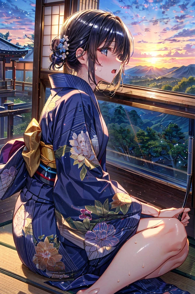 ((Wearing a long-hemmed long yukata, on top of a hill, bright sky, sitting, looking into the distance, Japanese countryside)),, (((solo))), Masterpiece,(share),One cute girl, Highest quality,High resolution,High resolution,Highly detailed CG,8K Unit Wallpaper,************,Beautiful attention to detail,small Breasts,Biomechanical OPPAI,No sleeve,,(Shiny body:1.3),Open your mouth, blush, Sweat,Embarrassed,sexy