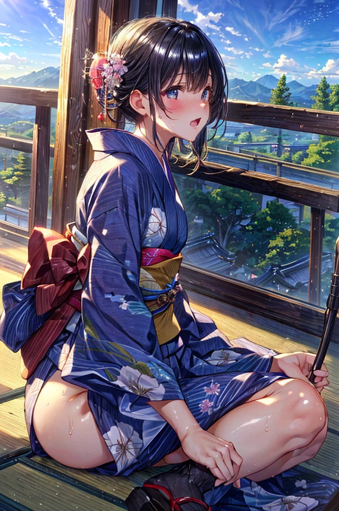 ((Wearing a long-hemmed long yukata, on top of a hill, bright sky, sitting, looking into the distance, Japanese countryside)),, (((solo))), Masterpiece,(share),One cute girl, Highest quality,High resolution,High resolution,Highly detailed CG,8K Unit Wallpaper,,Beautiful attention to detail,small Breasts,Biomechanical OPPAI,No sleeve,,(Shiny body:1.3),Open your mouth, blush, Sweat,Embarrassed,sexy