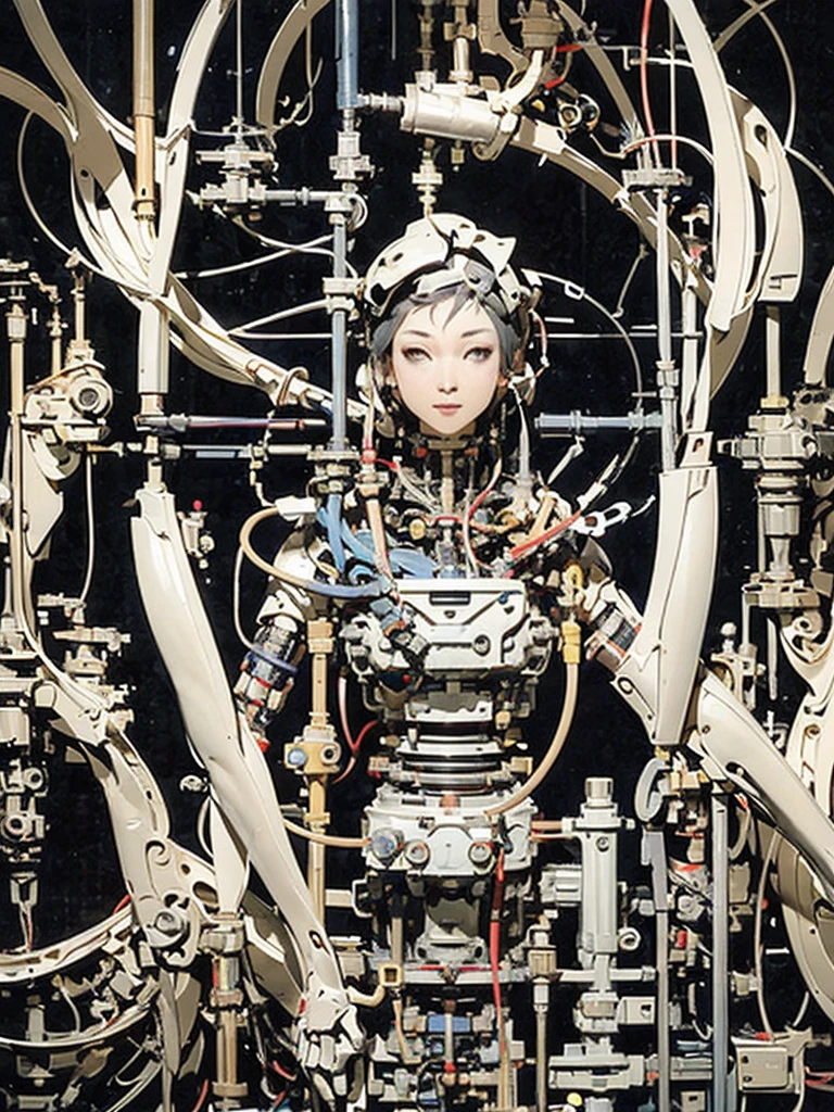 (masterpiece, Highest quality, Highest quality, Amazing details), ((Female Robot))、Browsing Caution, Bondage, throw,Dildo、Horror, Creepy robot、blade, saw, wire, air pressure, (pipe, Lots of tubes、Test tubes attached to breasts, Nipple in a test tube,Large test tube and milking machine、Milk tank）