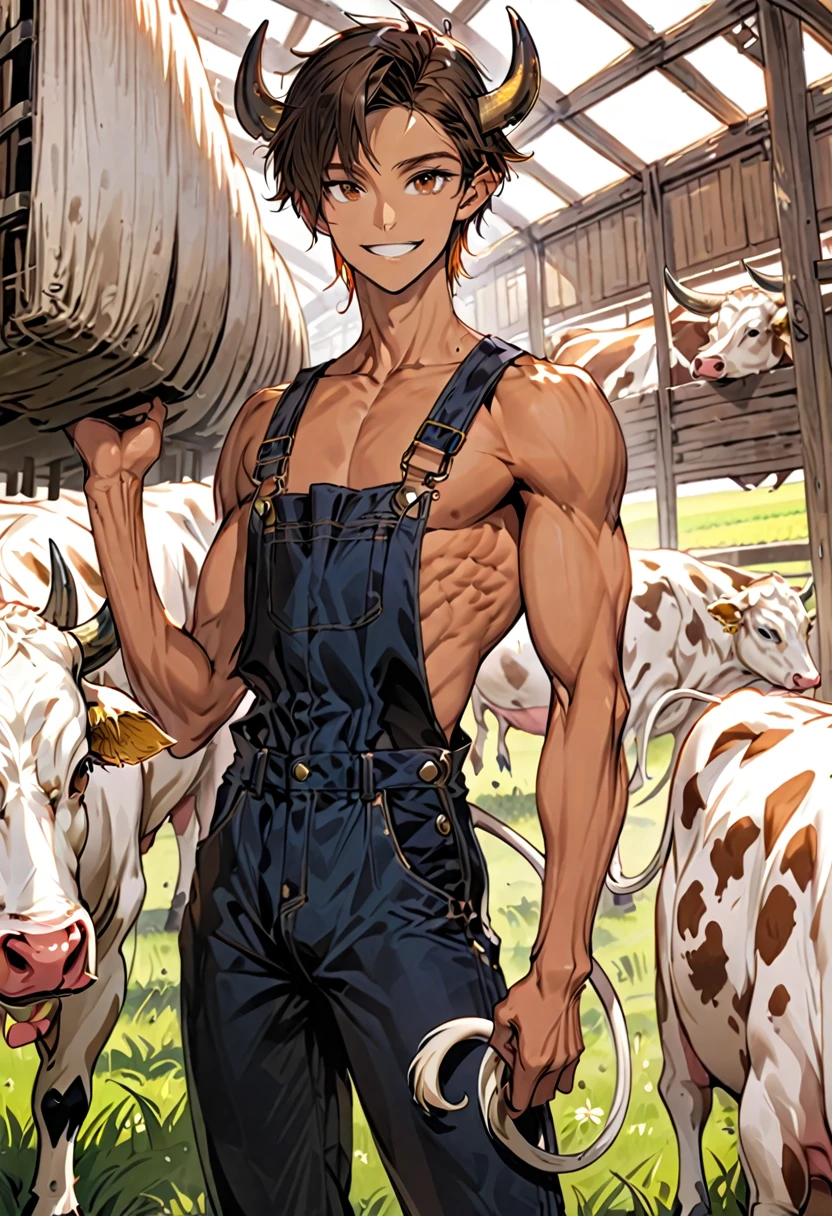 solo, male, broad shoulders, bull horns, tan skin, long brown hair, brown eyes, young male, farm, overalls, fit, cow tail, slender, think waist, friendly smile, huge bulge
