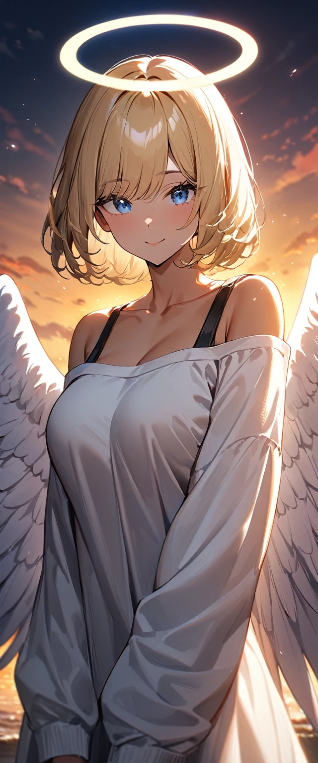 (((One girl))), full wing, ((tanned skin)), flying in the sky, upper body, ((angel, big big white wings:1.2, halo:1.3)), ((wavy hair)), evening, Sunset, sea, beach, ((blond hair, bob cut:1.3)), big breasts, teenager, (looking at viewer), oversized clothes, puffy long sleeves, collarbone, ((off-shoulder sweater dress:1.3, Quite thick shoulder straps)), (((sleeves past wrists:1.3))), ((white sweater)), collarbone, head tilt:1.3, (((blue eye))), ((happy smile)), (((anime style))), (best quality, 4K, 8K, highres, masterpiece:1.2, ultra-detailed, ultra-detailed eyes, HDR, uhd, studio lighting, ultra-fine painting, sharp focus, physically-based rendering, extreme detail description, professional, vivid colors, bokeh), ((Highest quality, Best image quality, Ultra-high resolution, Ultra-high resolution, solo, Strong eye highlights)), Depth of written boundary, Natural soft light, attractive, Beautiful Face, Cleanliness, Pure Face, medium chest, Beautiful Face, Perfect Fingers, Perfect hands, Perfect body, Perfect Face, Shine a light into your eyes, Perfect Anatomy