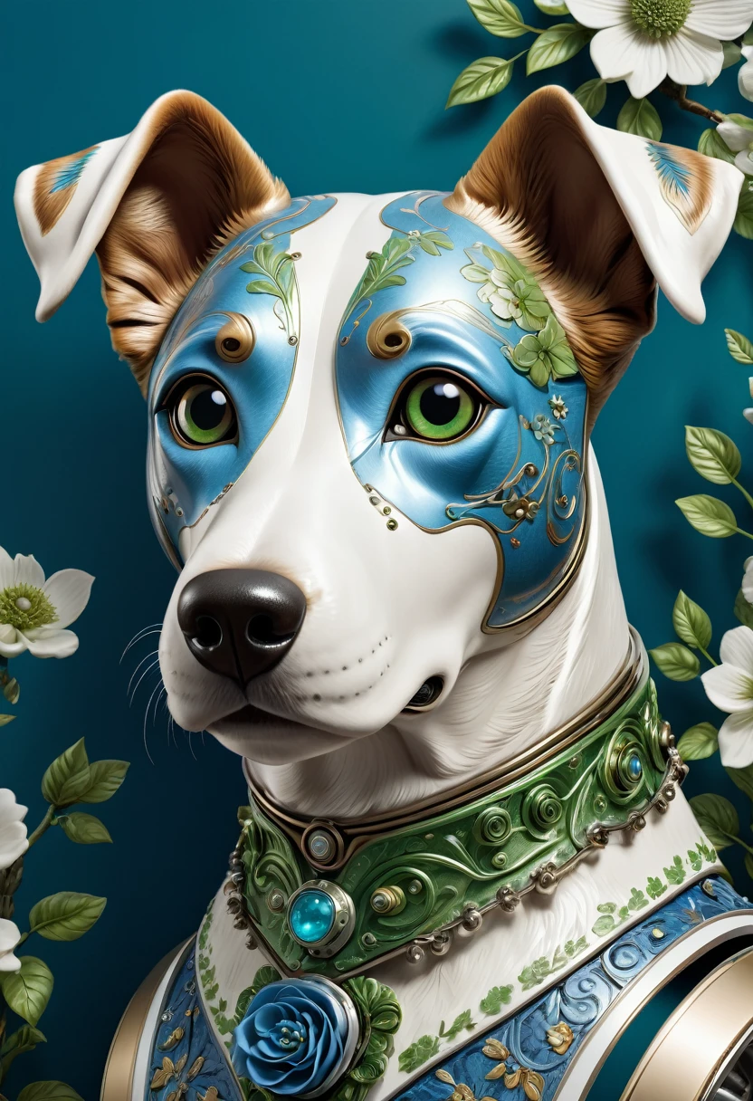 Mechanical dog head,lifelike,Anthropomorphic dogs,Character setting,Ultra-detailed graphics,Delicate face,8K,magazine cover,Floral background decoration,Strong color contrast,Darker color,Blue, green and white