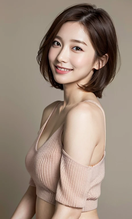 Highest quality, figure, Super detailed, In detail, High resolution, 8k wallpaper, Perfect dynamic composition, Beautiful attention to detail,short hair,Natural color lip, smile,20 year old adult sexy Japanese woman、cute、Sexy shot, Anatomically accurate, realistic body erotic,Fair skin、Whitening, Leaning forward,Top view,She is wearing a peach-colored top with a deep neckline.,No bra,Nipples through the gap