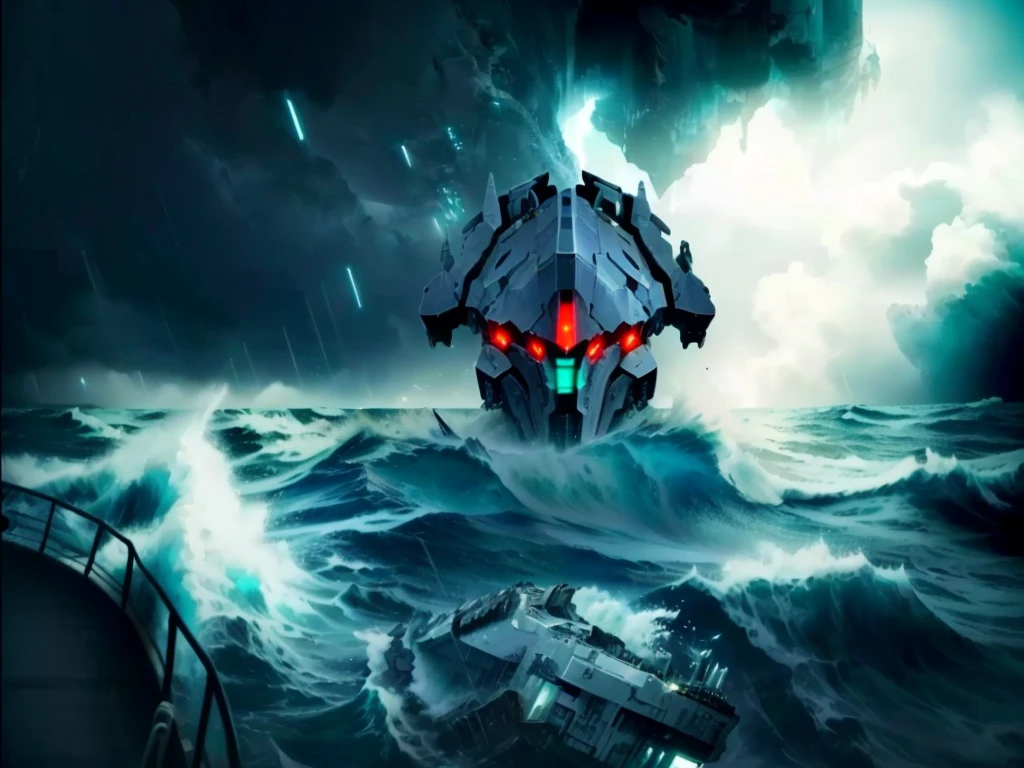 There is a big ship in the middle of a stormy ocean, from the pacific coast, a ship lost in a storm, Fearsome scary spaceship, broken ruin Pacific Rim Jaeger, The spaceship sank, Cherenkov radiation, Pacific Rim Jaeger, arte the fan, conceptual art, Scylla and Charybdis, stylized storm, alien shipwreck