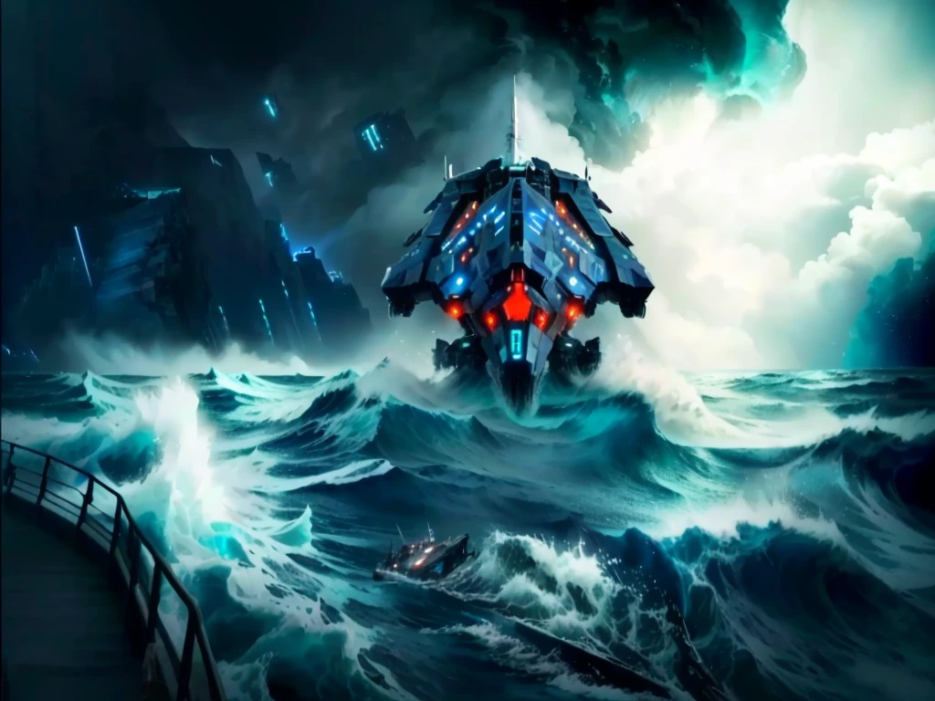 There is a big ship in the middle of a stormy ocean, from the pacific coast, a ship lost in a storm, Fearsome scary spaceship, broken ruin Pacific Rim Jaeger, The spaceship sank, Cherenkov radiation, Pacific Rim Jaeger, arte the fan, conceptual art, Scylla and Charybdis, stylized storm, alien shipwreck