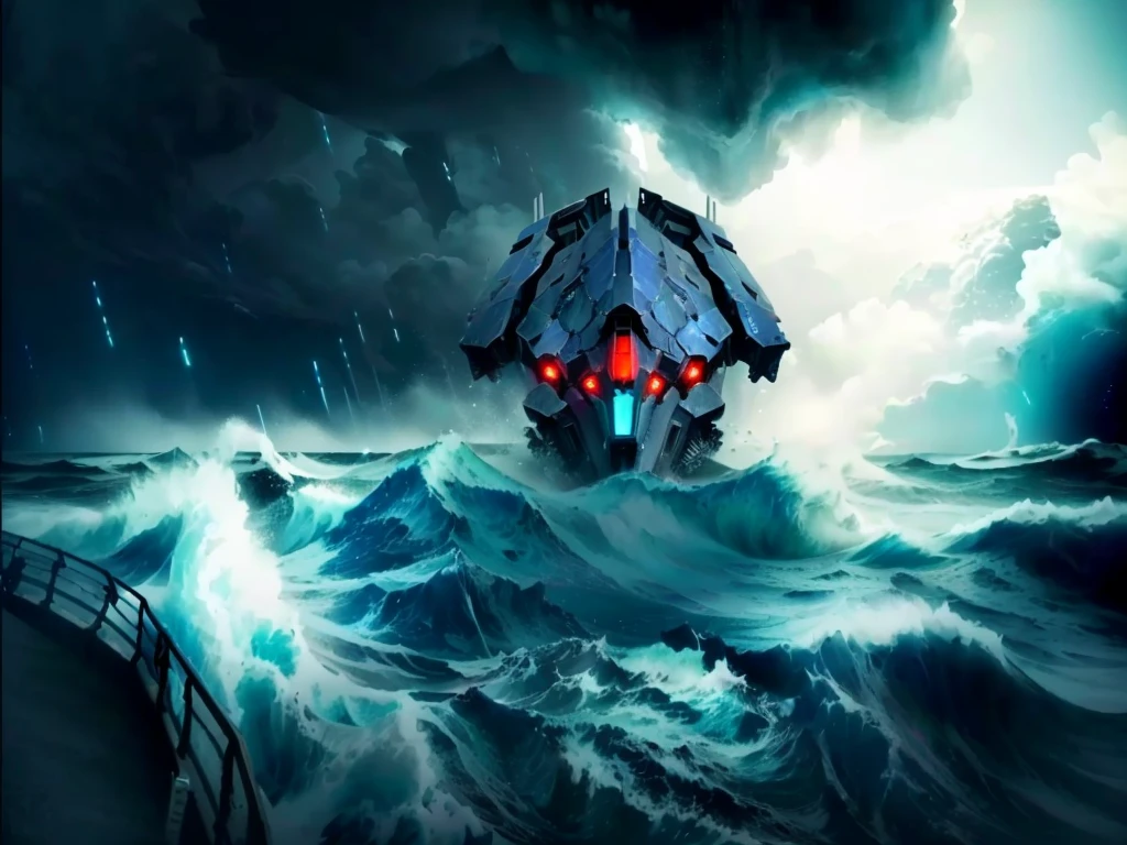 There is a big ship in the middle of a stormy ocean, from the pacific coast, a ship lost in a storm, Fearsome scary spaceship, broken ruin Pacific Rim Jaeger, The spaceship sank, Cherenkov radiation, Pacific Rim Jaeger, arte the fan, conceptual art, Scylla and Charybdis, stylized storm, alien shipwreck