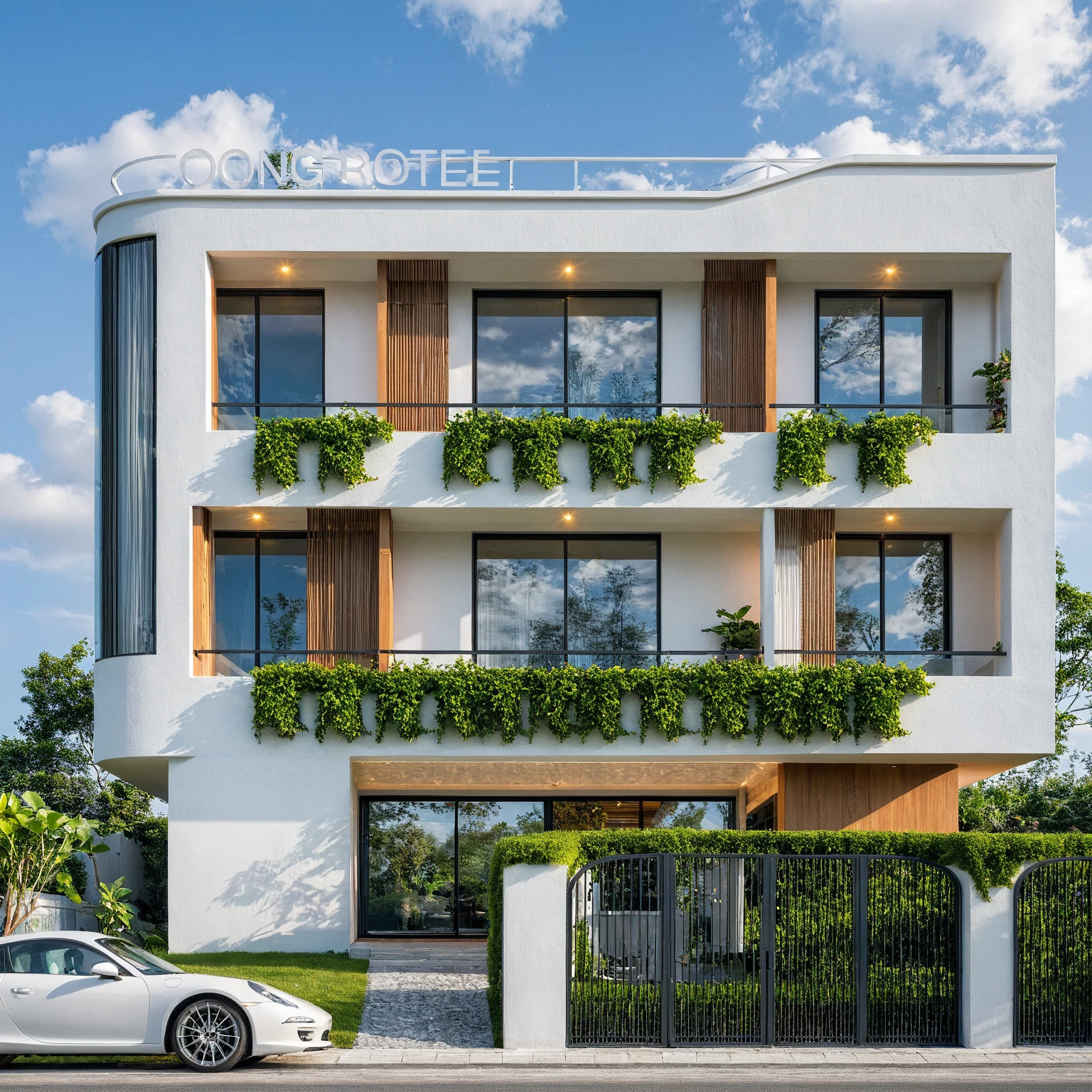 Masterpiece, high quality, best quality, authentic, super detail, outdoors, onestoreyvillaXL, aiaigroup, house style modern on the street ,stairs, white wall ,road,pavement, grass, trees, sky, cloud, (daylight:1.1)