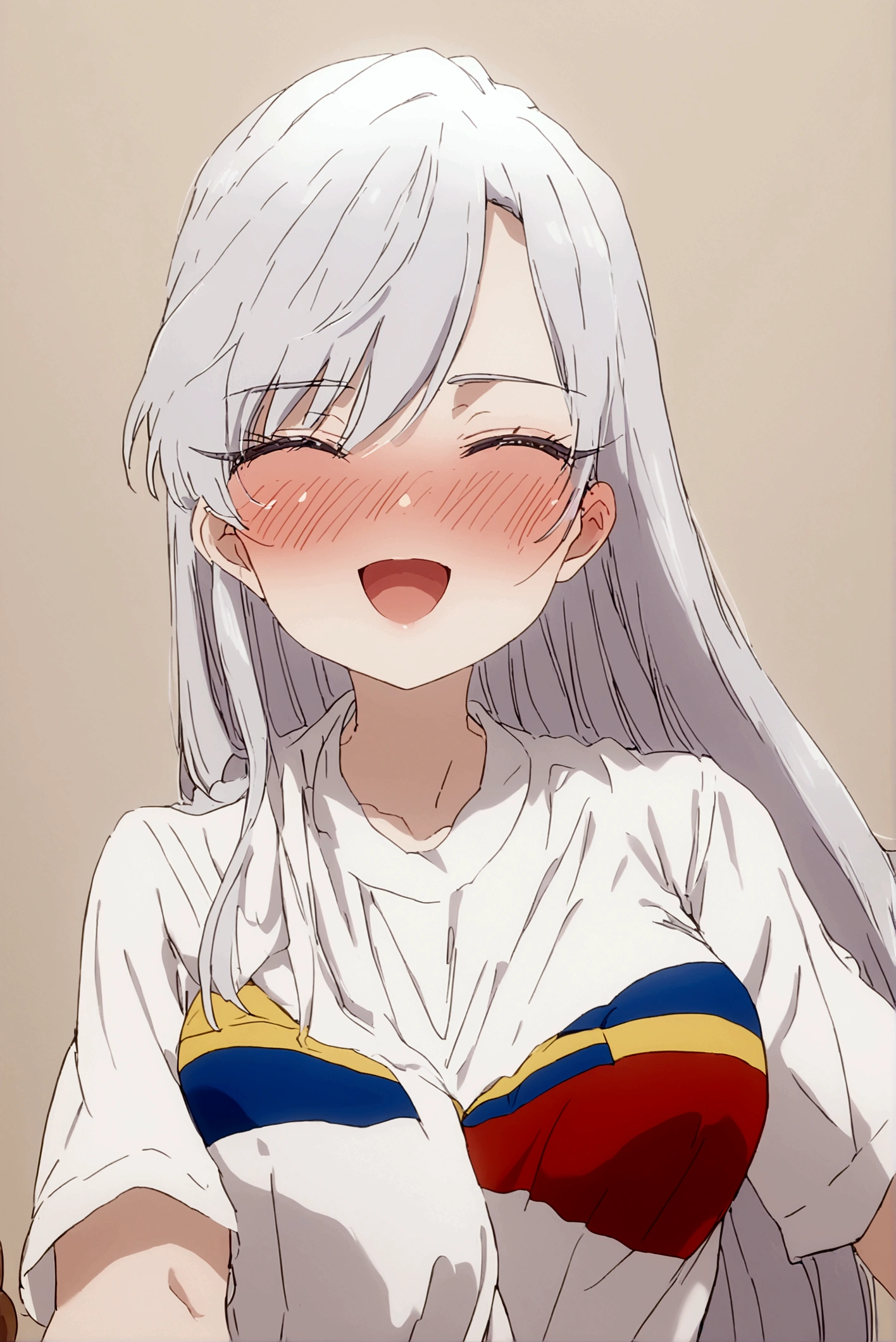 white hair girl (nano) wearing the Ecuador shirt with the 3 colors yellow, blue and red in the center of the shirt the Ecuad shield she is blushing and happy 