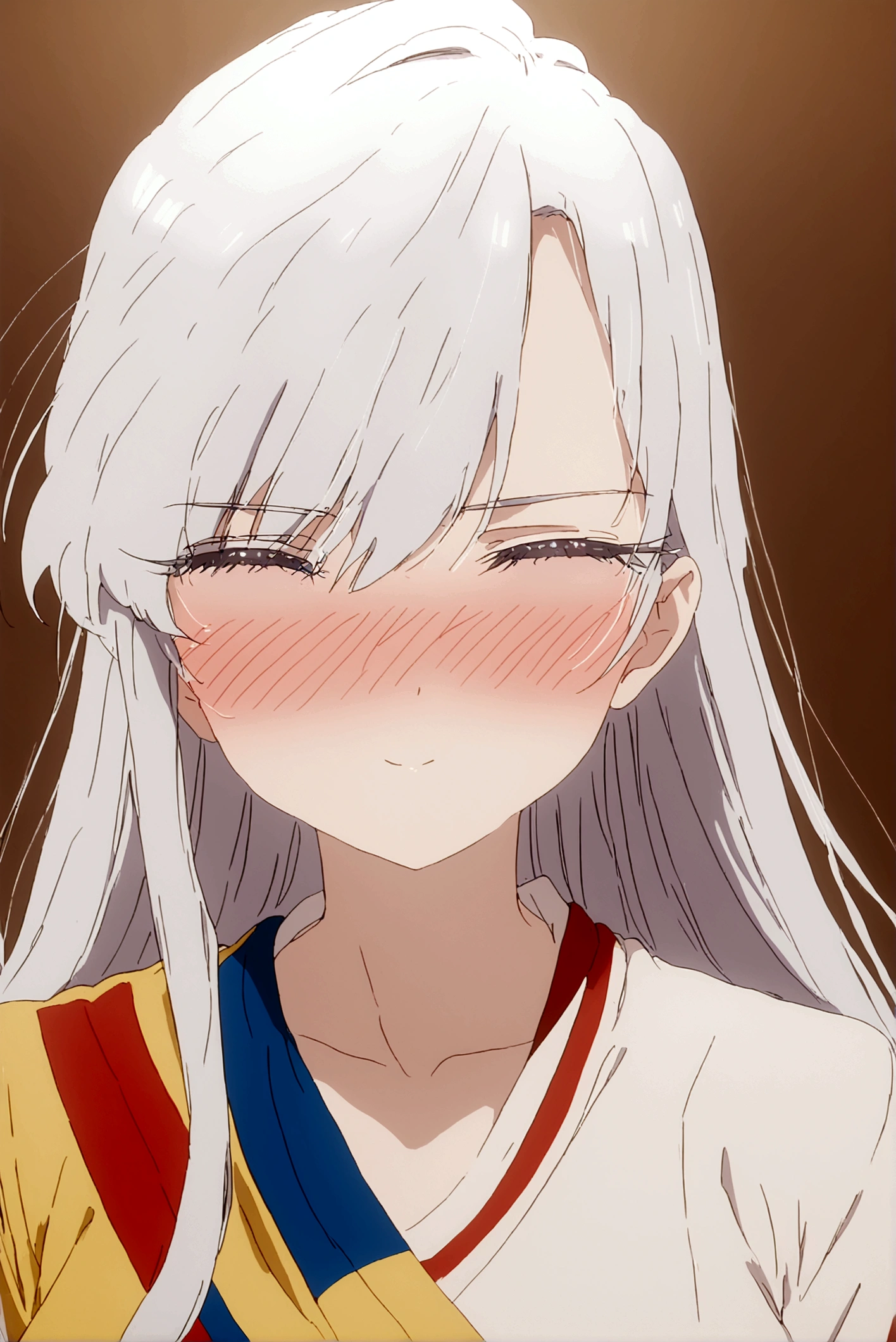 white hair girl (nano) wearing the Ecuador shirt with the 3 colors yellow, blue and red in the center of the shirt the Ecuad shield she is blushing and happy 