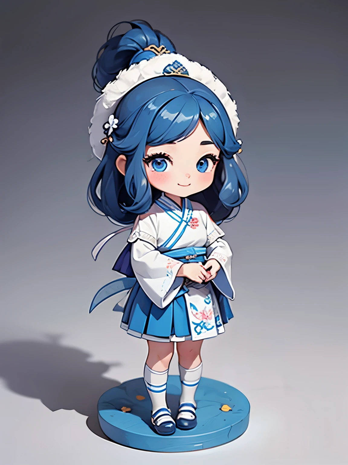 ，Costume girl，Chinese Tang dynasty girl，Blue and white clothes，Over-the-knee long skirt，permanent，Embroidered shoes，Ball head hairstyle，Full body standing，Smile，Blank Background