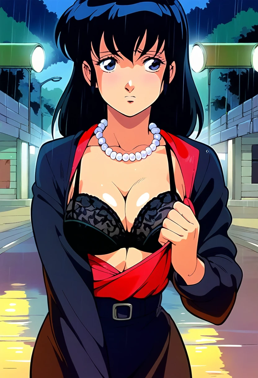 Kyoko,score_9,score_8_superior,score_7_superior,sauce_anime,One girl,alone,View your viewers,in the forest,asphalt paved,paved,lamp post,force_line,Rain,soaked,Pearl Necklace,Black Bra,Black Panties,black garter belt,cowboy_shot,Front view,Are standing,Sad face,:d,arms_behind_return,