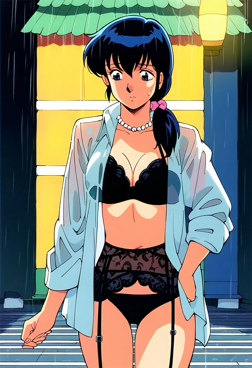 Kyoko,score_9,score_8_superior,score_7_superior,sauce_anime,One girl,alone,View your viewers,in the forest,asphalt paved,paved,lamp post,force_line,Rain,soaked,Pearl Necklace,Black Bra,Black Panties,black garter belt,cowboy_shot,Front view,Are standing,Sad face,:d,arms_behind_return,