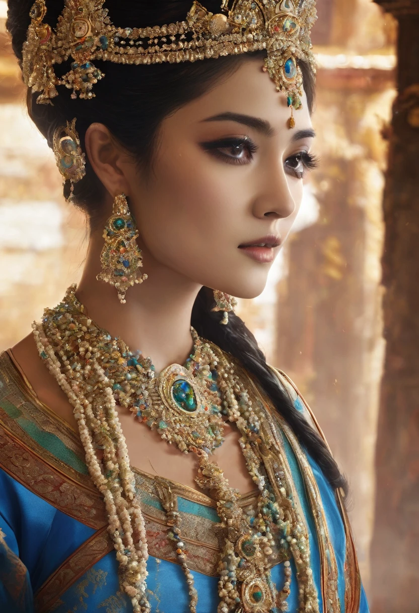 A beautiful emperor, crystalline skin, beautiful appearance, deep wisdom in your eyes, like she's seen through everything in the world, dressed in a beautiful white cloak, holding a longsword, robes dancing in the breeze and silver hair flowing in the wind, the white robe perfectly outlines the graceful figure, the behavior is gentle and idyllic, like a perfect fairy