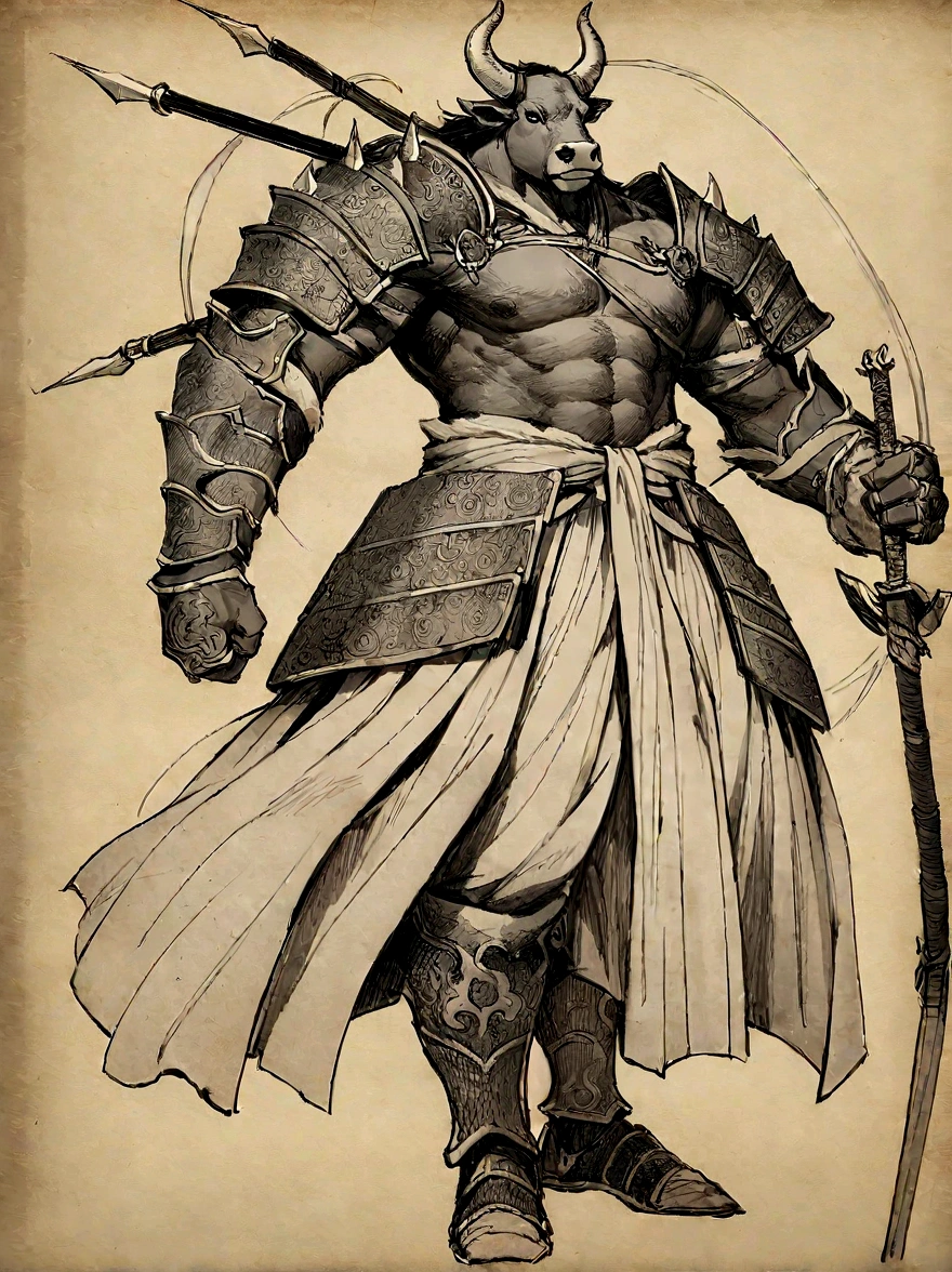 Minotaur in Greek mythology,Wearing Chinese Armor,He wears a blue robe over his Armor,Inspired by the classics of mountains and seas,cow head,cow horn,Armor,long-handled weapon,long spear,Moon Bull Samurai, Anthropomorphic samurai cow,Traditional Chinese Concept Art,black bull samurai,Asura in Chinese mythology