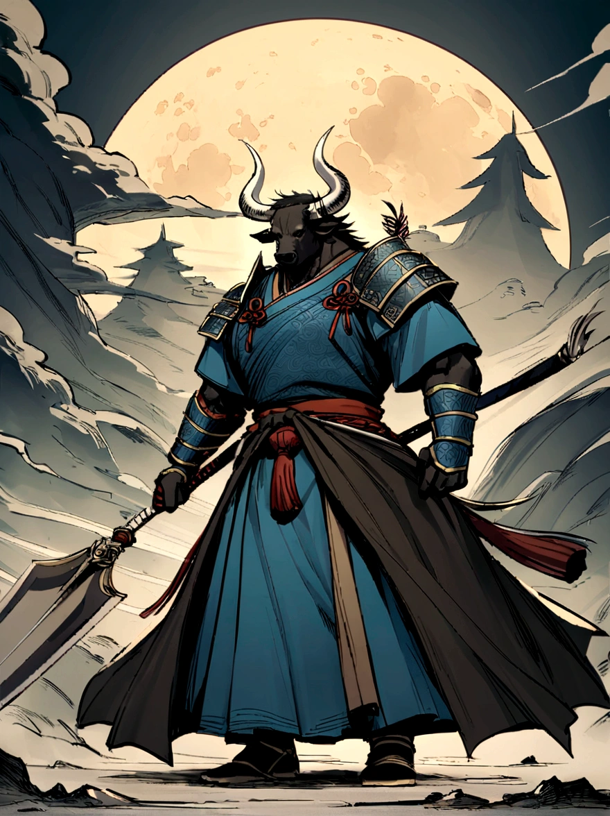 Minotaur in Greek mythology，Wearing Chinese Armor，He wears a blue robe over his Armor，Inspired by the classics of mountains and seas，cow head，cow horn，Armor，long-handled weapon，long spear，Moon Bull Samurai, Anthropomorphic samurai cow，Traditional Chinese Concept Art，black bull samurai，Asura in Chinese mythology