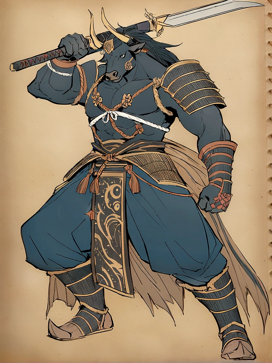 Minotaur in Greek mythology，Wearing Chinese Armor，He wears a blue robe over his Armor，Inspired by the classics of mountains and seas，cow head，cow horn，Armor，long-handled weapon，long spear，Moon Bull Samurai, Anthropomorphic samurai cow，Traditional Chinese Concept Art，black bull samurai，Asura in Chinese mythology
