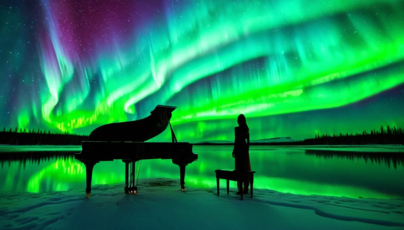 A mysterious and enchanting scene with one piano placed on the water under a sky full of aurora borealis. ((A beautiful woman is standing in front of the piano.)) The water surface reflects the view of the Northern Lights and is surrounded by silence. The piano is lit up and looks even more divine.
