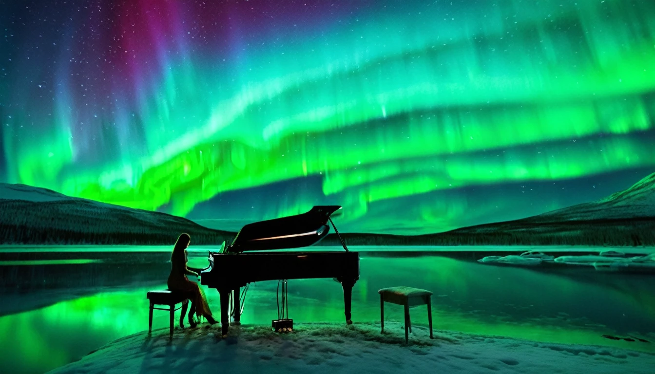 A mysterious and enchanting scene with one piano placed on the water under a sky full of aurora borealis. ((A beautiful woman is standing in front of the piano.)) The water surface reflects the view of the Northern Lights and is surrounded by silence. The piano is lit up and looks even more divine.