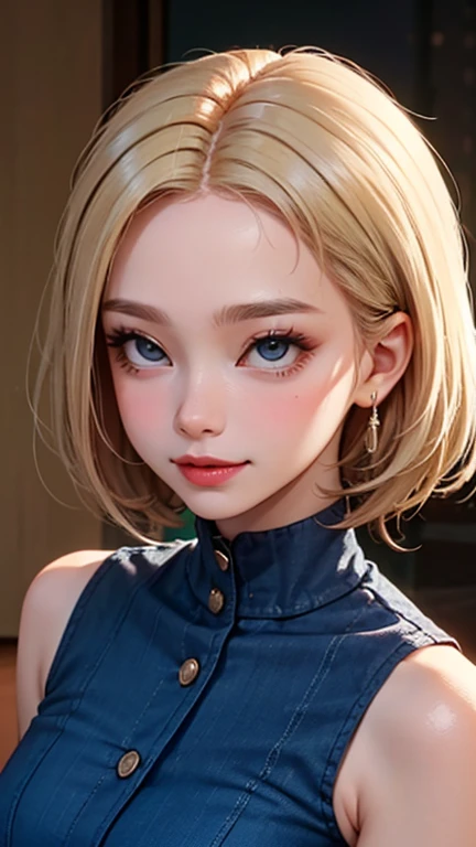 blush a little and smile, (Top quality masterpiece:1.2) Delicate illustrations, Very detailed, /Beautiful Japanese Women、1 person,Very cute and slim、Great style 、((8K images、super high quality))、Very delicate face, Skin and Hair、beautifule forehead、Red lipstick、(((((Medium Hair、Blonde、lure))))),Very cute Japanese cut face、Eyes and nose are clearly visible、Kind eyes,((((Sleeveless fashion))))