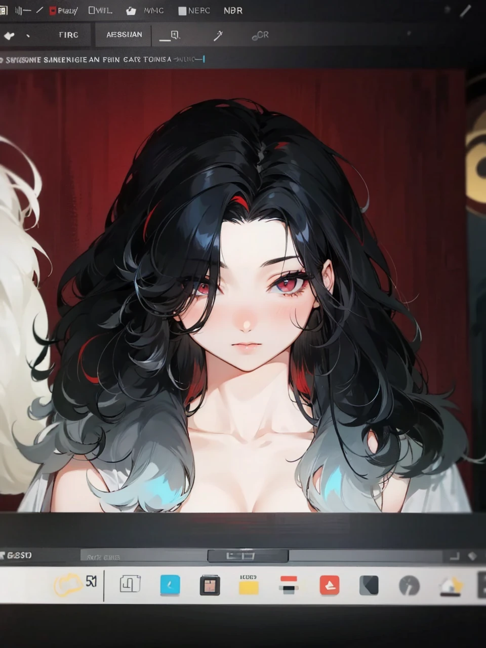 Add in more curls into her hair, her hair is black and white, it is mix with curly and straight hair, add in some red streaks.