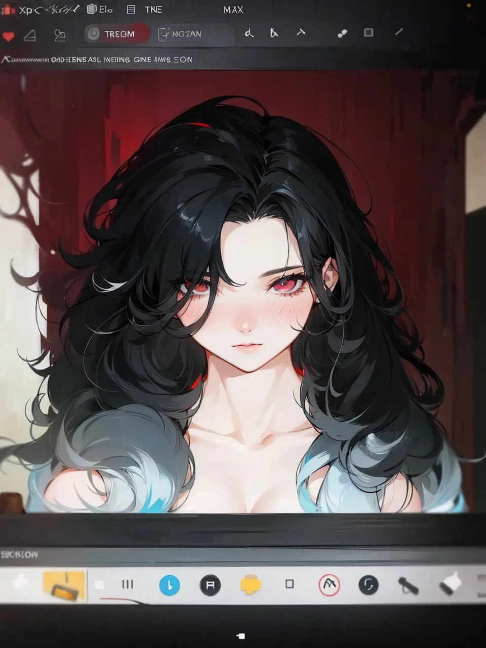 Add in more curls into her hair, her hair is black and white, it is mix with curly and straight hair, add in some red streaks.