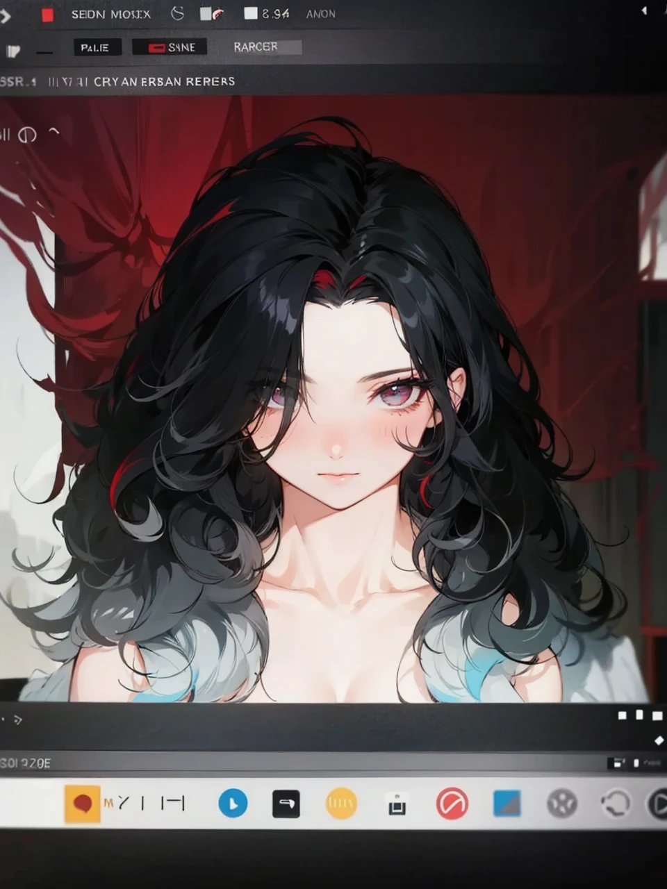 Add in more curls into her hair, her hair is black and white, it is mix with curly and straight hair, add in some red streaks.