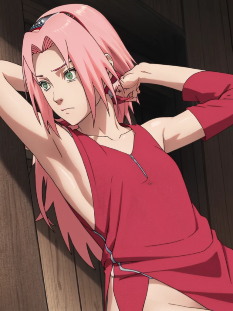 whole body, Sakura Shippuden, Sakura Haruno, naked, Alone, 1 girl, shaved armpits, arm behind head, focus on armpit, green eyes