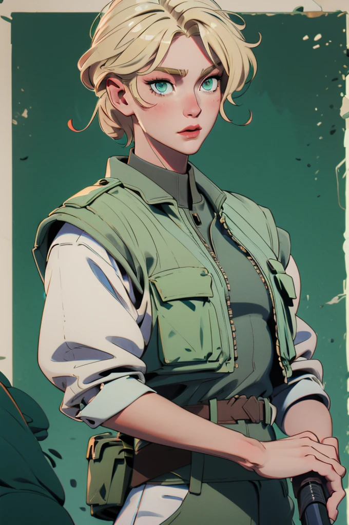 HD quality, blonde woman, russian traits, green eyes, attractive face, pale skin, military uniform, bulletproof vest, rifle in hand