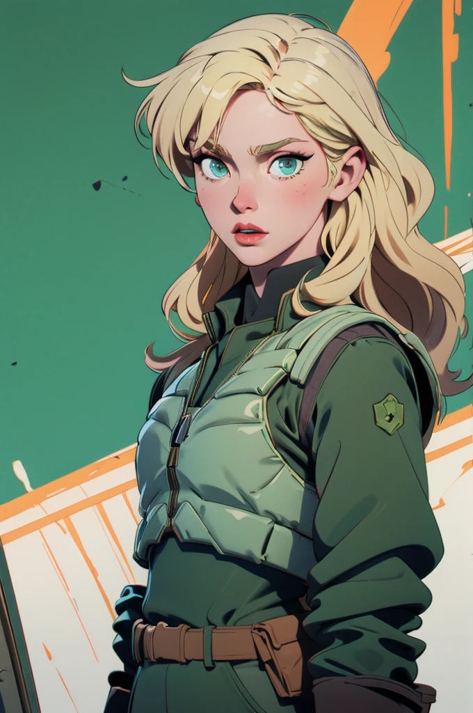 HD quality, blonde woman, russian traits, green eyes, attractive face, pale skin, military uniform, bulletproof vest, rifle in hand