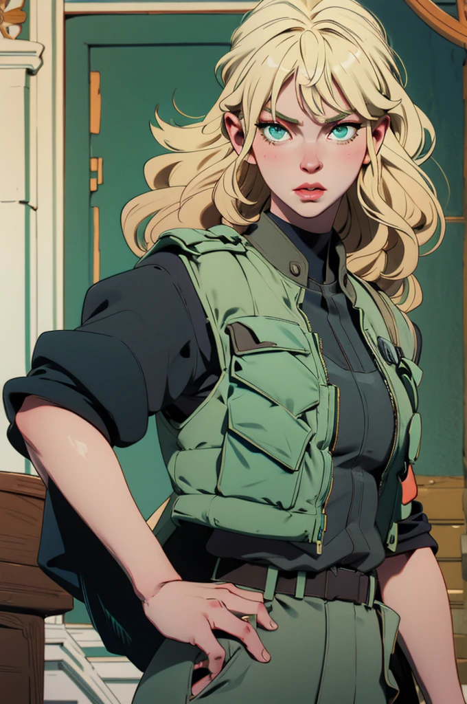 HD quality, blonde woman, russian traits, green eyes, attractive face, pale skin, military uniform, bulletproof vest, rifle in hand