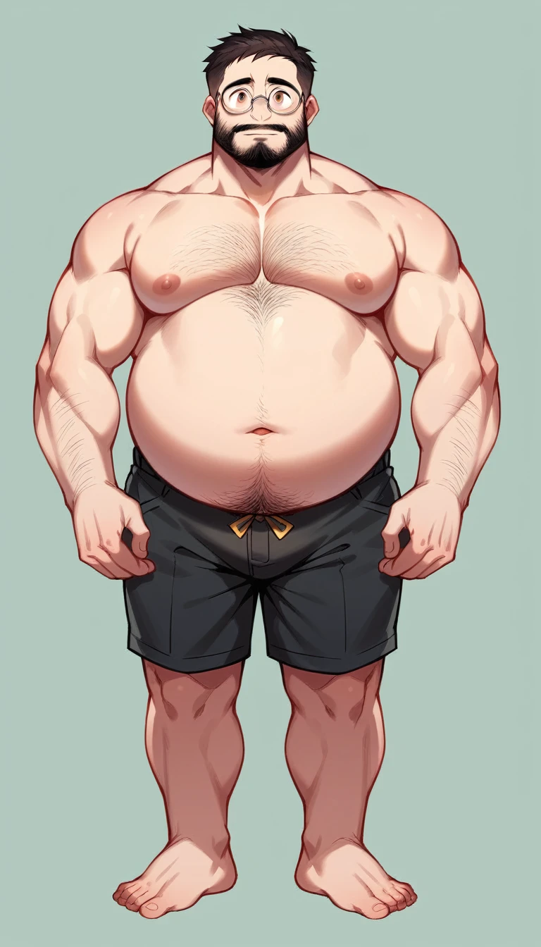 A cute fat man, with charming big eyes, short hair, big round face, round face, short double chin, beard, very hairy chest, black round-rimmed glasses, very developed chest, fat belly, bare upper body, standing on Rainbow Island, black shorts, bare feet, super clear picture quality, China oriental male, full body photo.