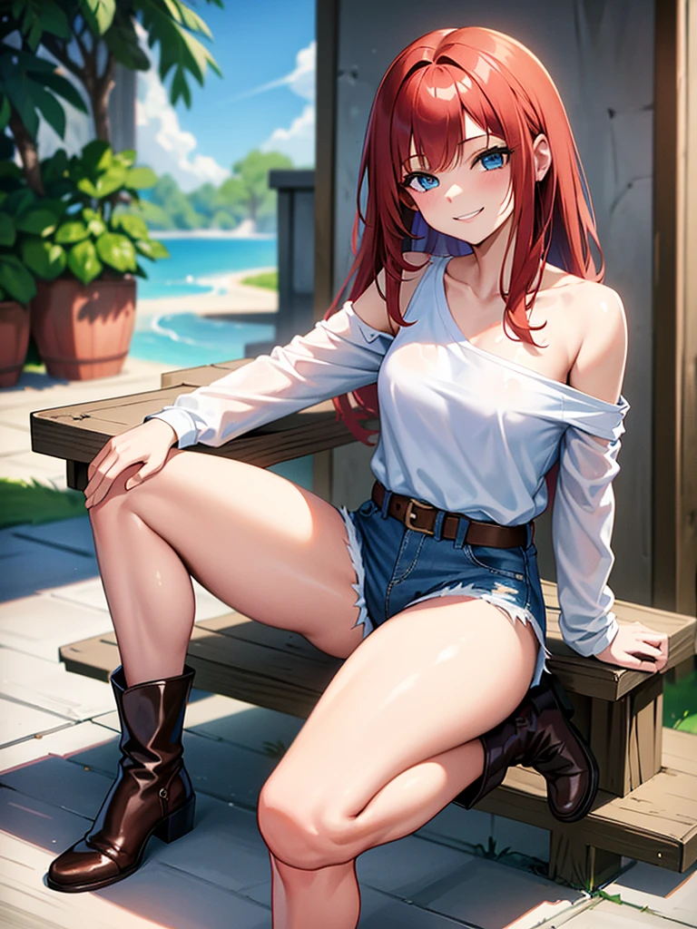 18 year old young girl, long haired redhead with blue eyes, Short white off-the-shoulder shirt, short blue denim shorts, SMILE, smiling, short brown boots with white, Kick al aire, Kick, soltando una Kick