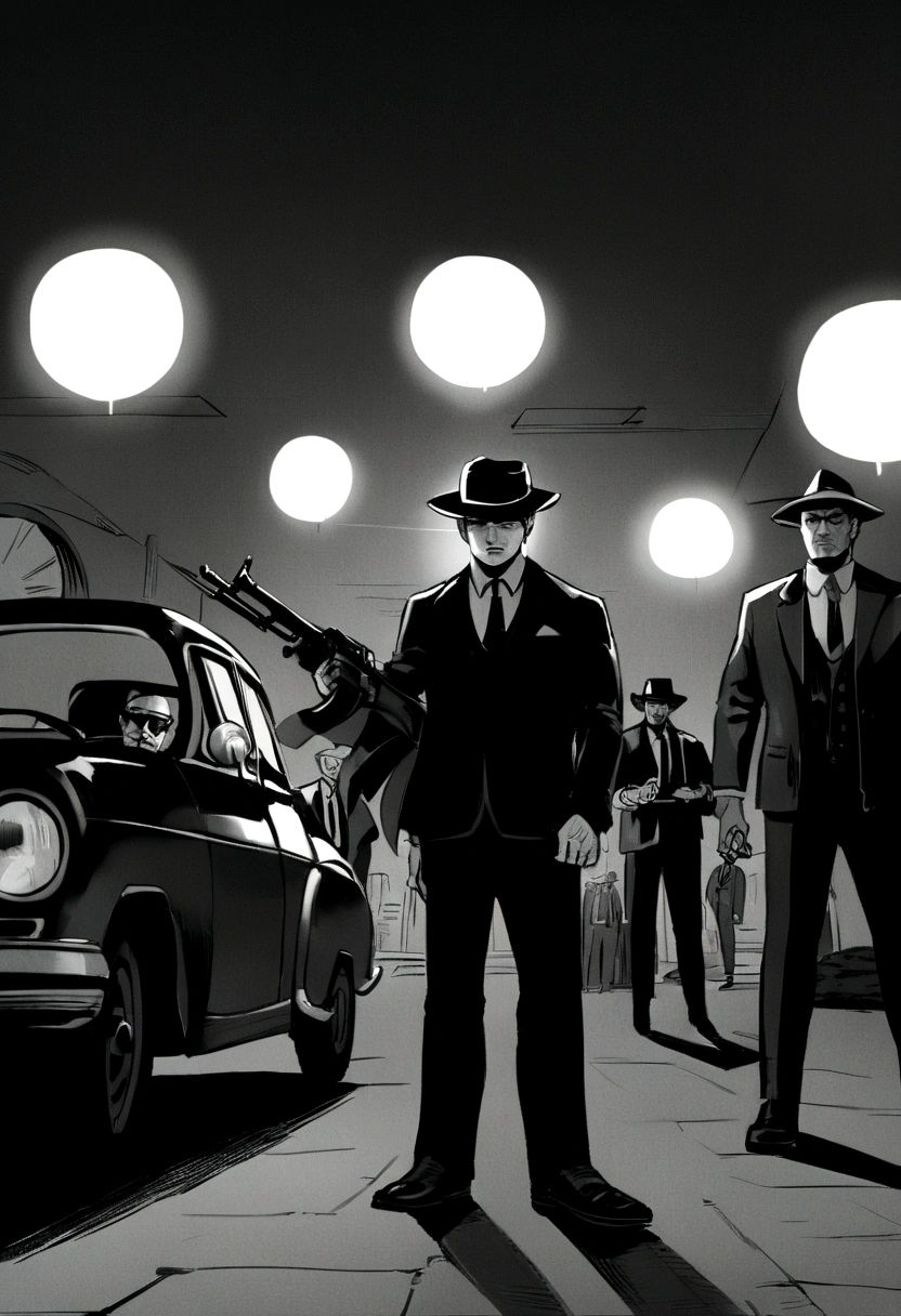 (best qualityer, high resolution), ((cinematic quality, 真实感)) Gangsters, Five men armed with Thompson submachine guns, Chicago streets, bank robbery, central bank of chicago, old car, The 70's, cigar smoke, sharp suit, fedora hat, intense gaze, explosion in the background, dramatic lighting, monochrome, crime boss, explosive atmosphere, suspense dinner, menacing look