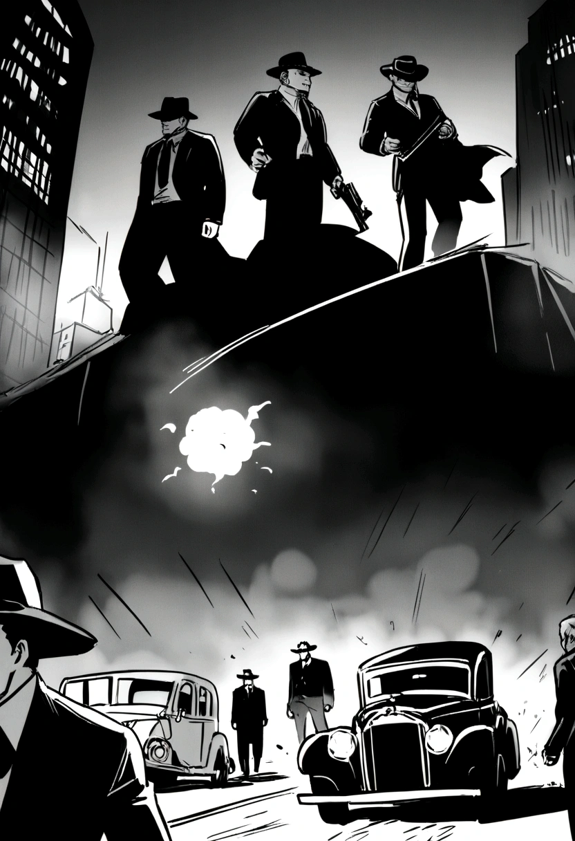(best qualityer, high resolution), ((cinematic quality, 真实感)) Gangsters, Five men armed with Thompson submachine guns, Chicago streets, bank robbery, central bank of chicago, old car, The 70&#39;s, cigar smoke, sharp suit, fedora hat, intense gaze, explosion in the background, dramatic lighting, monochrome, crime boss, explosive atmosphere, suspense dinner, menacing look