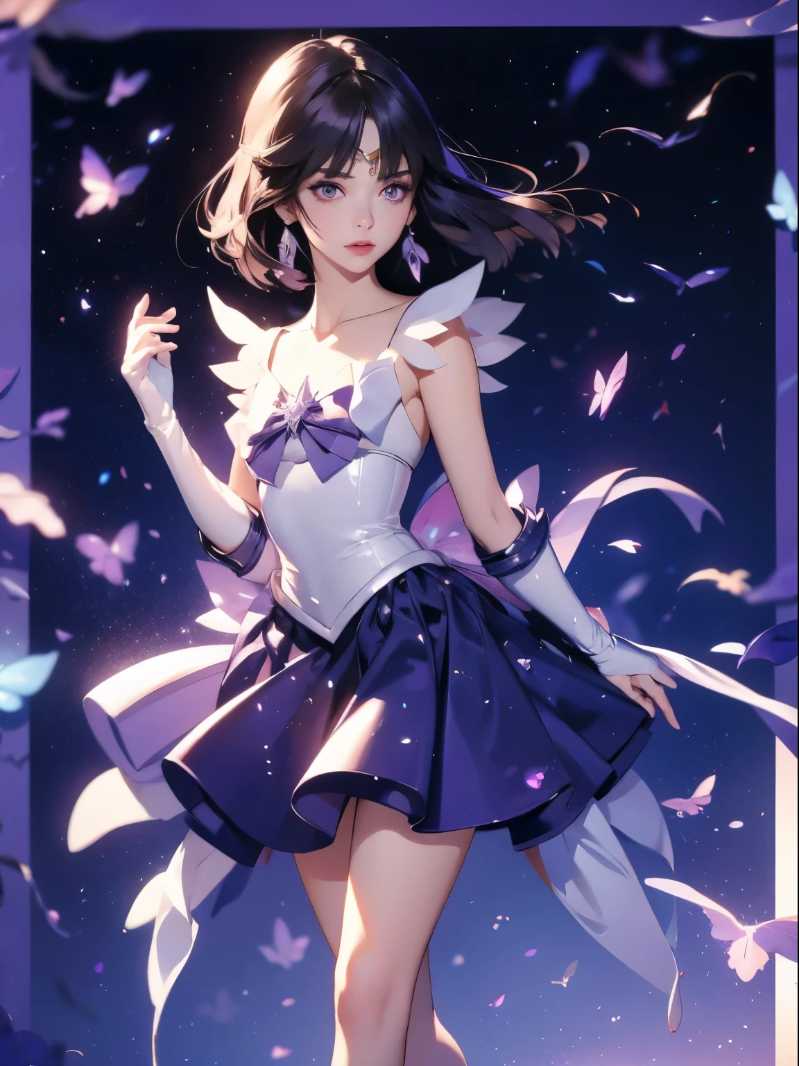 sailor saturn, 1 girl, black hair, short hair, purple eyes, detailed eyes, simple background, female focus, alone, Standing, Hotaru Tomoe, portrait, full body, (Masterpiece:1.0), (best quality:1.0) , (wallpaper 8k:1.0), (detailed beautiful face:1.0), (detailed deep eyes), deep eyes, looking at viewer, sailor scout, lilac bow on chest, lilac skirt, white gloves,,