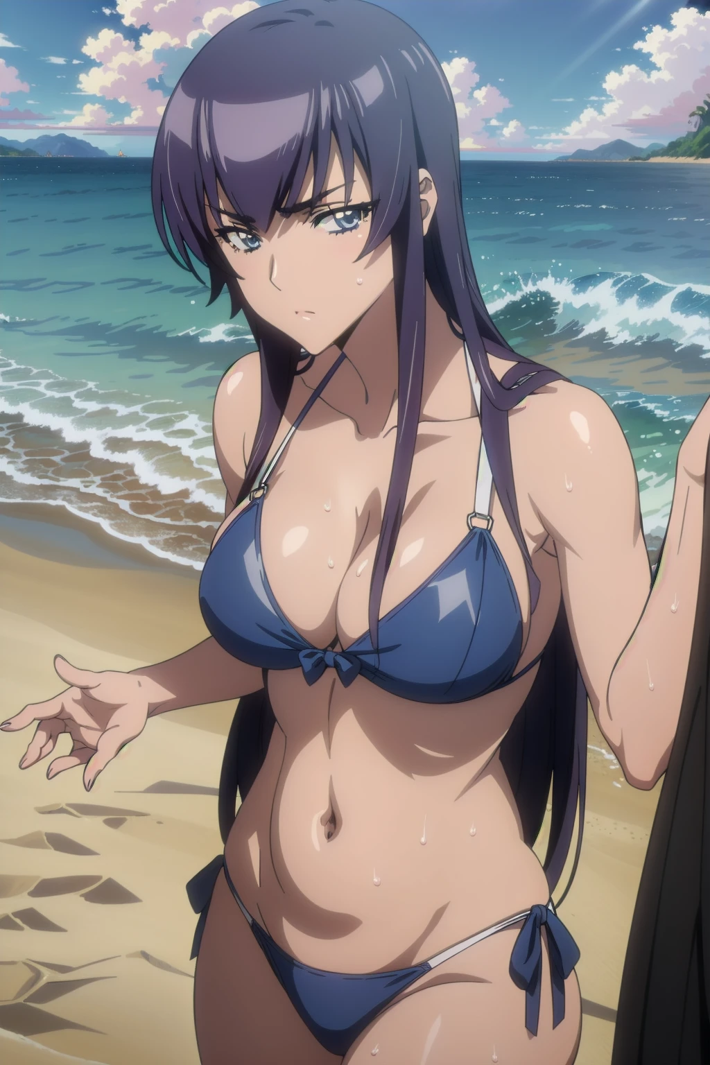 (((pixel-perfect, detail-perfect))), solo, 1girl,saeko busujima, v-shaped eyebrows,looking at the viewer, blue theme, blue background, cloudy sky, sunlight, sweat, orgasmic, bikini swimsuit, large breasts, cleavage, belly button exposed, collarbone, thighs, sea and beach,