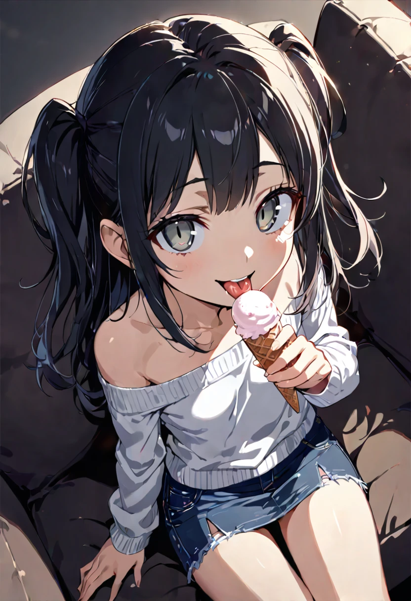 Sit on the sofa,looking ahead,from above,handjob,side view,face focus,open mouth,tongue out,cum on tongue,Licking white bar ice cream,(1girl,Beautiful 14 year old girl),((Slender,Small breasts,Baby Face,Small face,)),looking at viewer,Black Hair,bangs,two side up,Gray Eyes,Drooping eyes,slit pupils,narrow eyes,White sweater,bare shoulder,Jeans Mini Skirt,Beautiful and detailed anime art,Mischievous smile,Dimly lit room,Simple Background,Gray background,Low lighting